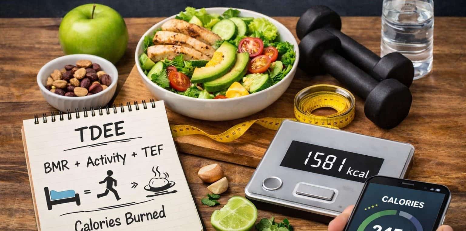 שולחן עם מחשבון TDEE בשולחן משקולות יד,צלחת עם סלט בריא ומשקל אוכל.