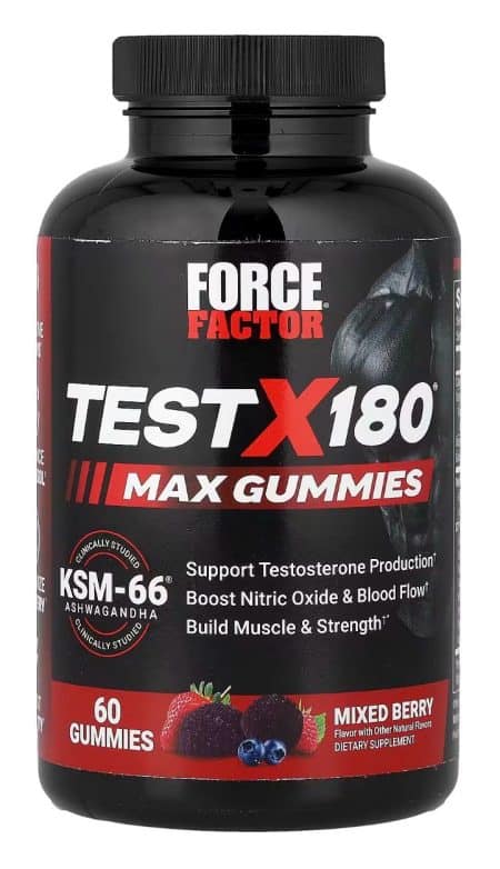 Force Factor Test X180 Max Gummies – תוסף Gummies לתמיכה טבעית בטסטוסטרון, אנרגיה, כוח וזרימת דם עם KSM-66 Ashwagandha בטעם Mixed Berry, 60 Gummies באריזה.