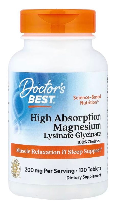 Doctor’s Best High Absorption Magnesium Glycinate – מגנזיום גליצינאט לספיגה גבוהה עם Albion® Chelates לתמיכה בשינה, הרפיית שרירים ותפקוד מערכת העצבים, 120 טבליות.