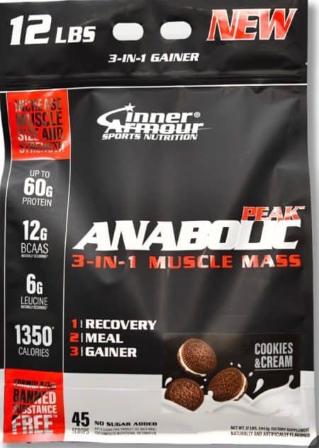 Inner Armour Anabolic Peak גיינר 12LBS בטעם Cookies & Cream – גיינר לעלייה במסה עם 60 גרם חלבון ו-1350 קלוריות למנה.