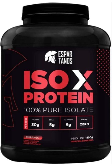 אבקת חלבון איזולט Iso X Protein בטעם תות של Espar Tanos, 100% Pure Isolate, מכילה 30 גרם חלבון למנה, 5 גרם BCAA, 5 גרם גלוטמין וללא גלוטן.