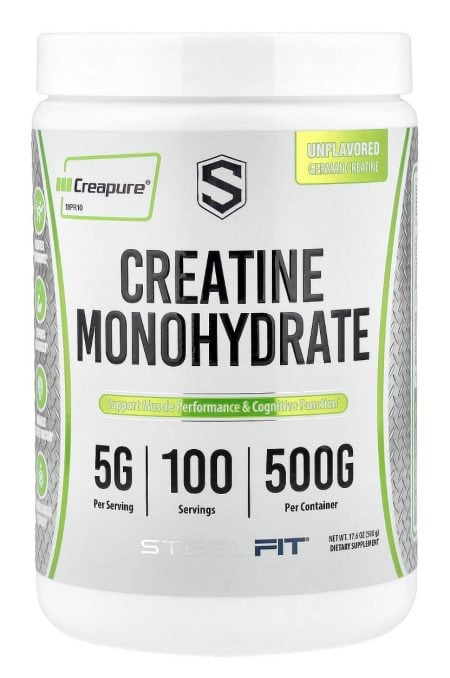 אבקת CREATINE CREAPURE 500 GR של SteelFit – קריאטין מונוהידרט גרמני טהור 99.99%, 100 מנות של 5 גרם, קופסה לבנה עם ירוק.