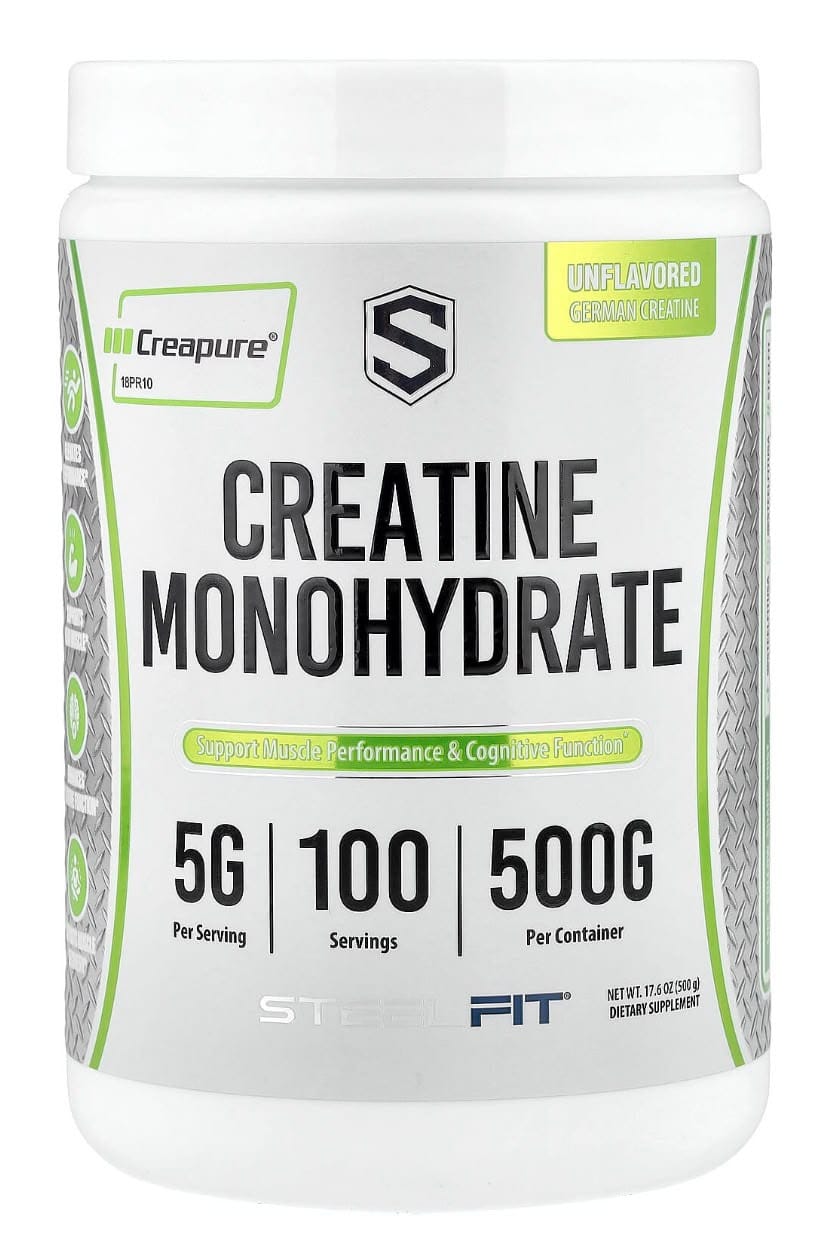 אבקת CREATINE CREAPURE 500 GR של SteelFit – קריאטין מונוהידרט גרמני טהור 99.99%, 100 מנות של 5 גרם, קופסה לבנה עם ירוק.