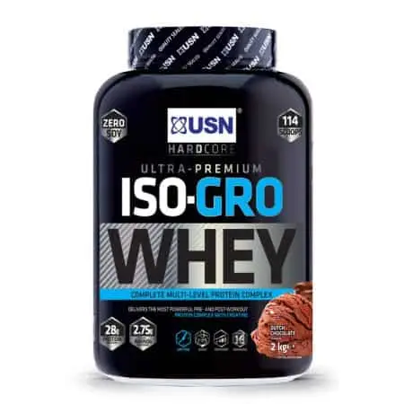 אבקת חלבון ISO GRO USN עם תוספת קריאטין בטעם שוקולד או וניל.
