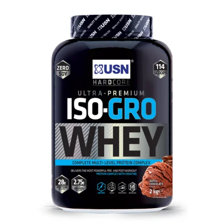 אבקת חלבון ISO GRO USN עם תוספת קריאטין בטעם שוקולד או וניל.